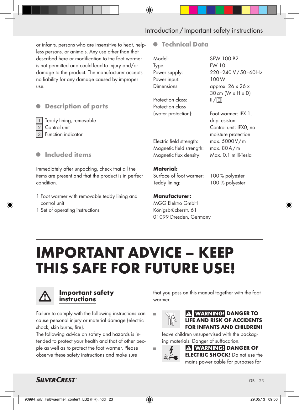 Important advice – keep this safe for future use, Introduction / important safety instructions | Silvercrest SFW 100 B2 User Manual | Page 23 / 29