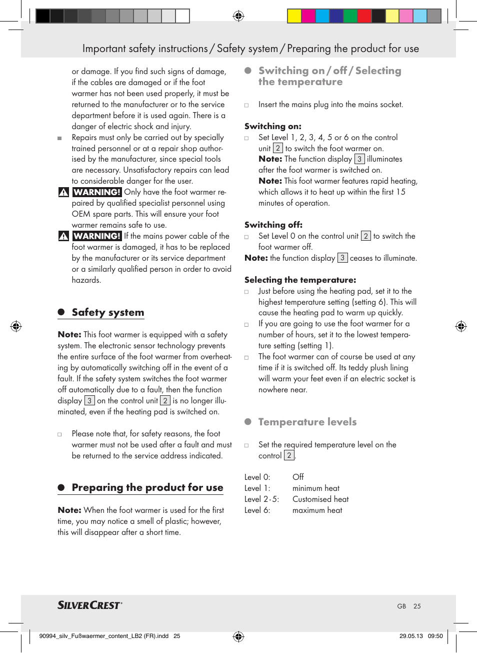 Safety system, Preparing the product for use, Switching on / off / selecting the temperature | Temperature levels | Silvercrest SFW 100 B2 User Manual | Page 25 / 29