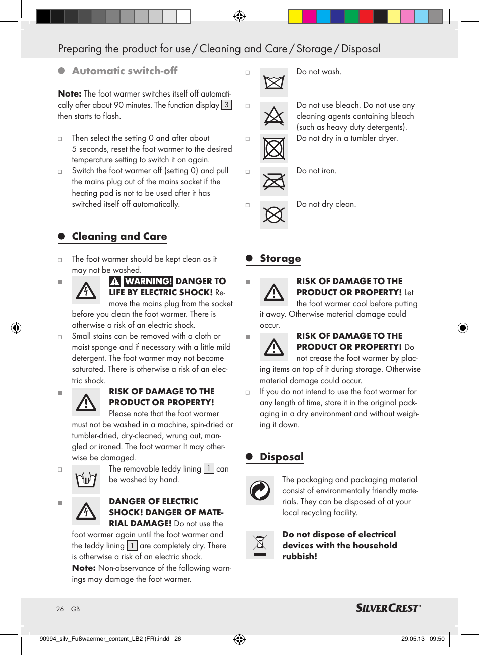 Automatic switch-off, Cleaning and care, Storage | Disposal | Silvercrest SFW 100 B2 User Manual | Page 26 / 29