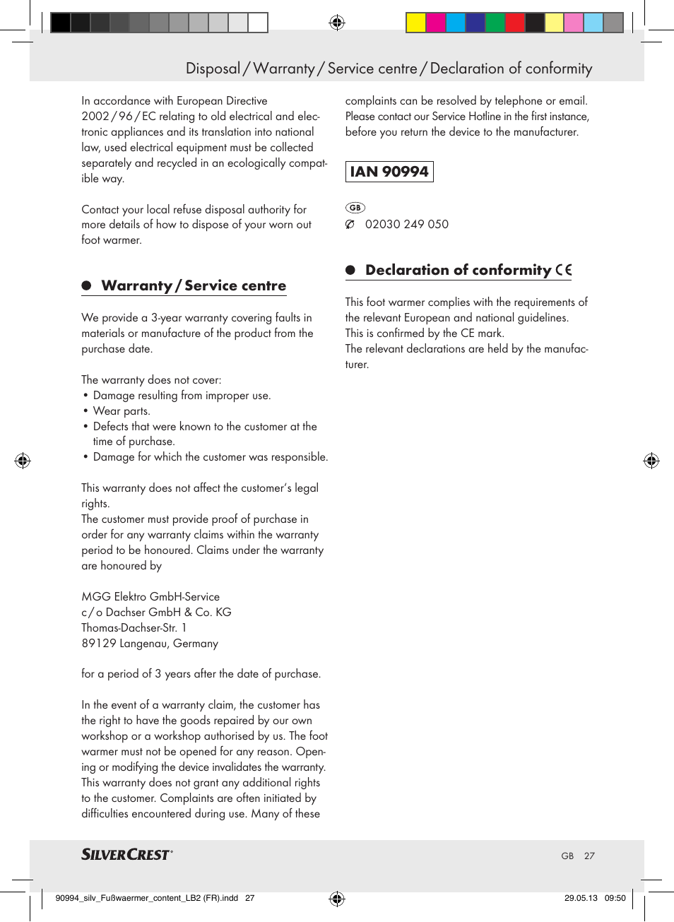 Warranty / service centre, Declaration of conformity | Silvercrest SFW 100 B2 User Manual | Page 27 / 29