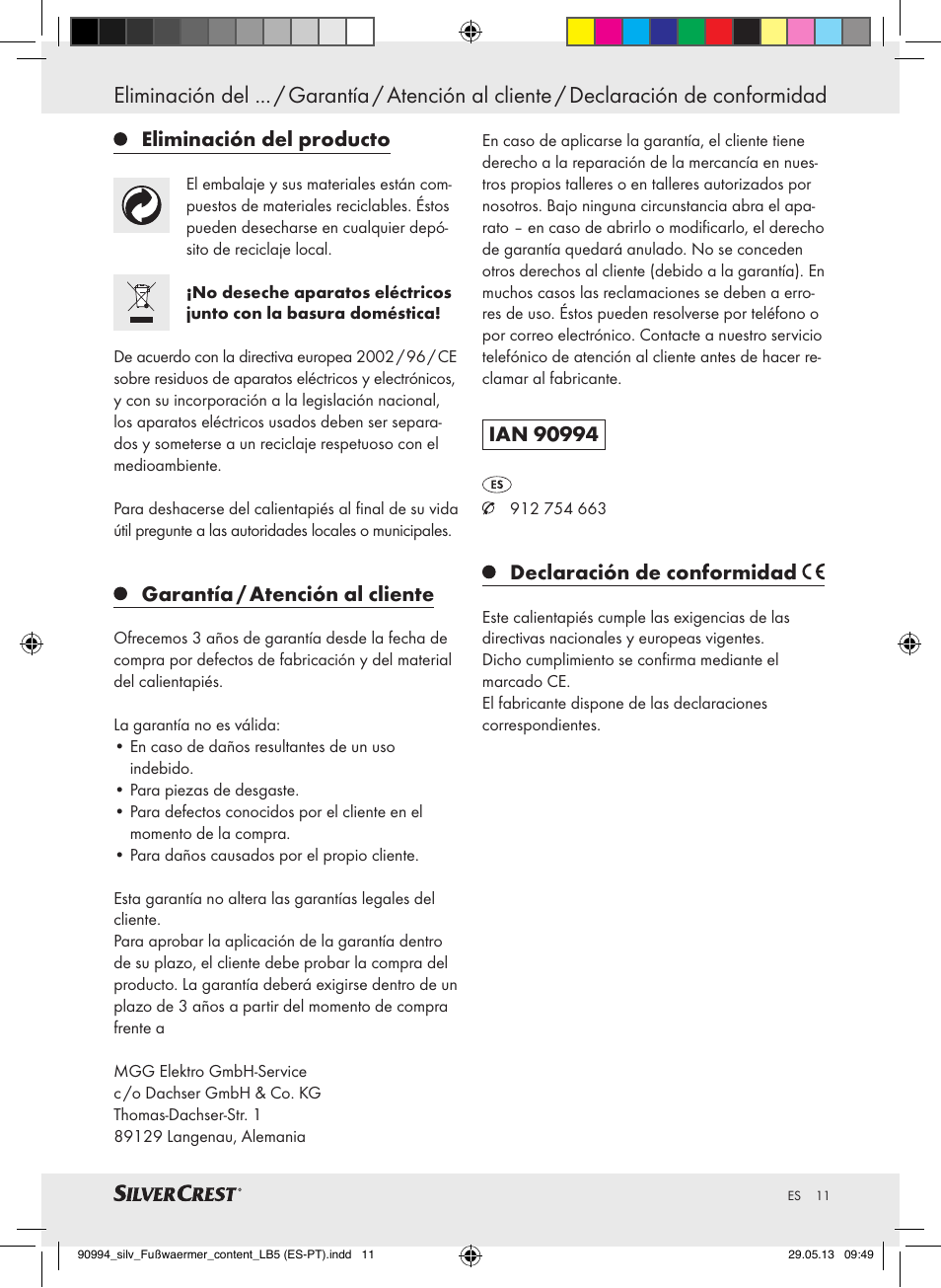 Eliminación del producto, Garantía / atención al cliente, Declaración de conformidad | Silvercrest SFW 100 B2 User Manual | Page 11 / 37