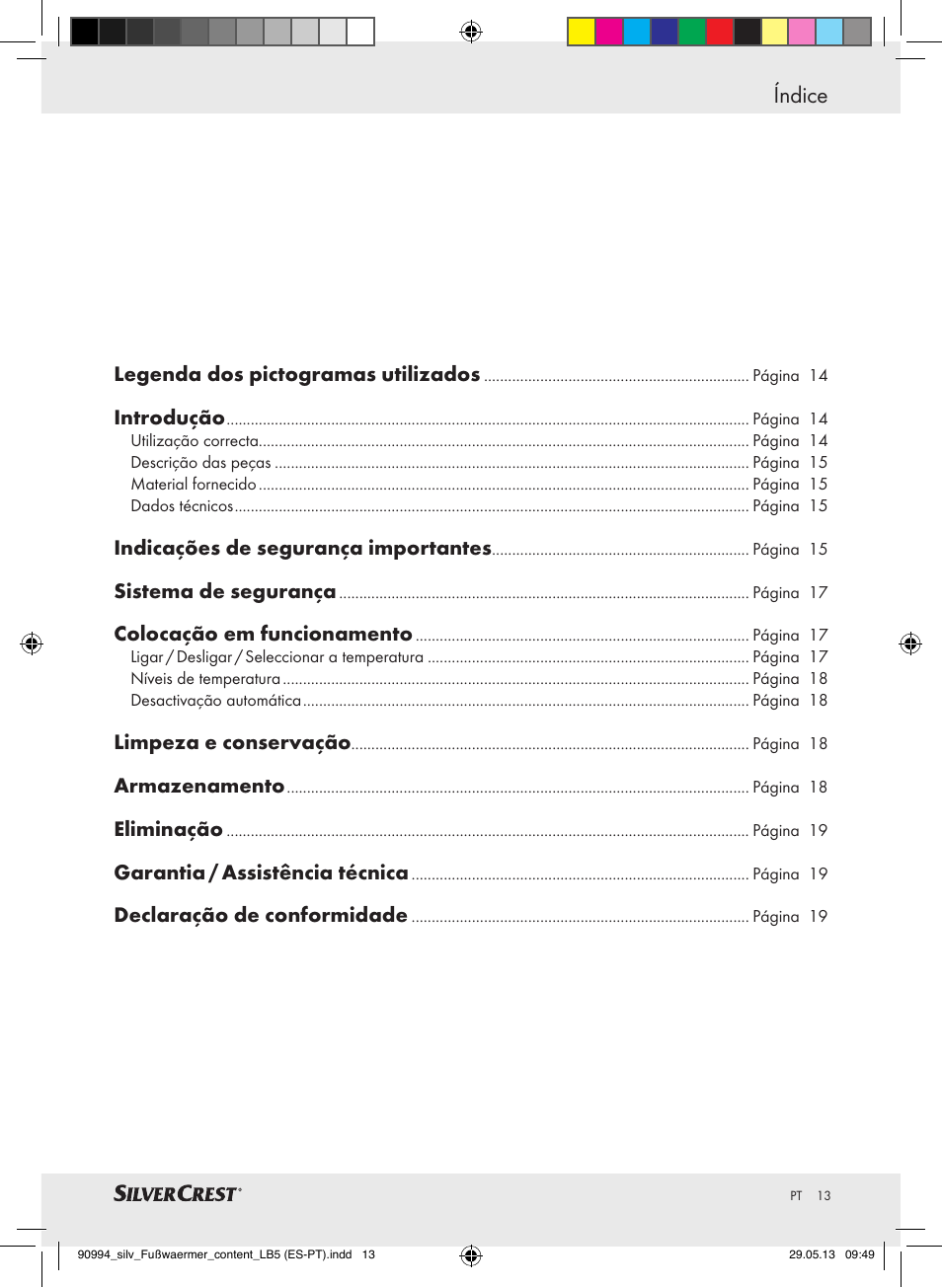 Índice | Silvercrest SFW 100 B2 User Manual | Page 13 / 37