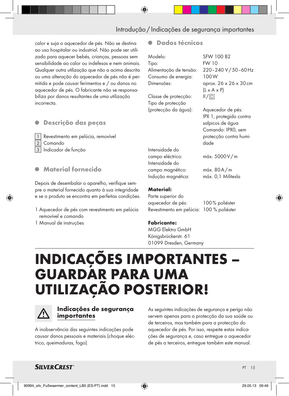 Introdução / indicações de segurança importantes | Silvercrest SFW 100 B2 User Manual | Page 15 / 37