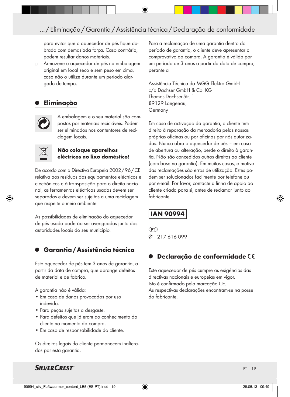 Eliminação, Garantia / assistência técnica, Declaração de conformidade | Silvercrest SFW 100 B2 User Manual | Page 19 / 37