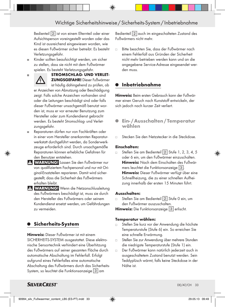 Sicherheits-system, Inbetriebnahme, Ein- / ausschalten / temperatur wählen | Silvercrest SFW 100 B2 User Manual | Page 33 / 37