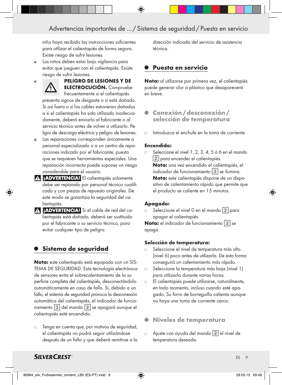 Sistema de seguridad, Puesta en servicio, Conexión / desconexión / selección de temperatura | Niveles de temperatura | Silvercrest SFW 100 B2 User Manual | Page 9 / 37