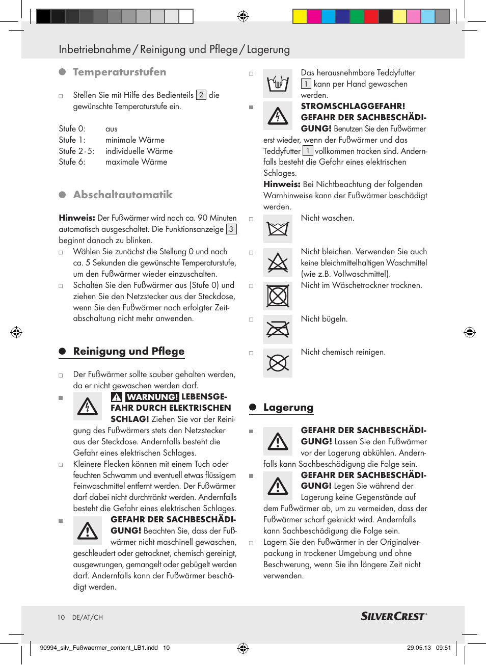Inbetriebnahme / reinigung und pflege / lagerung, Temperaturstufen, Abschaltautomatik | Reinigung und pflege, Lagerung | Silvercrest SFW 100 B2 User Manual | Page 10 / 45