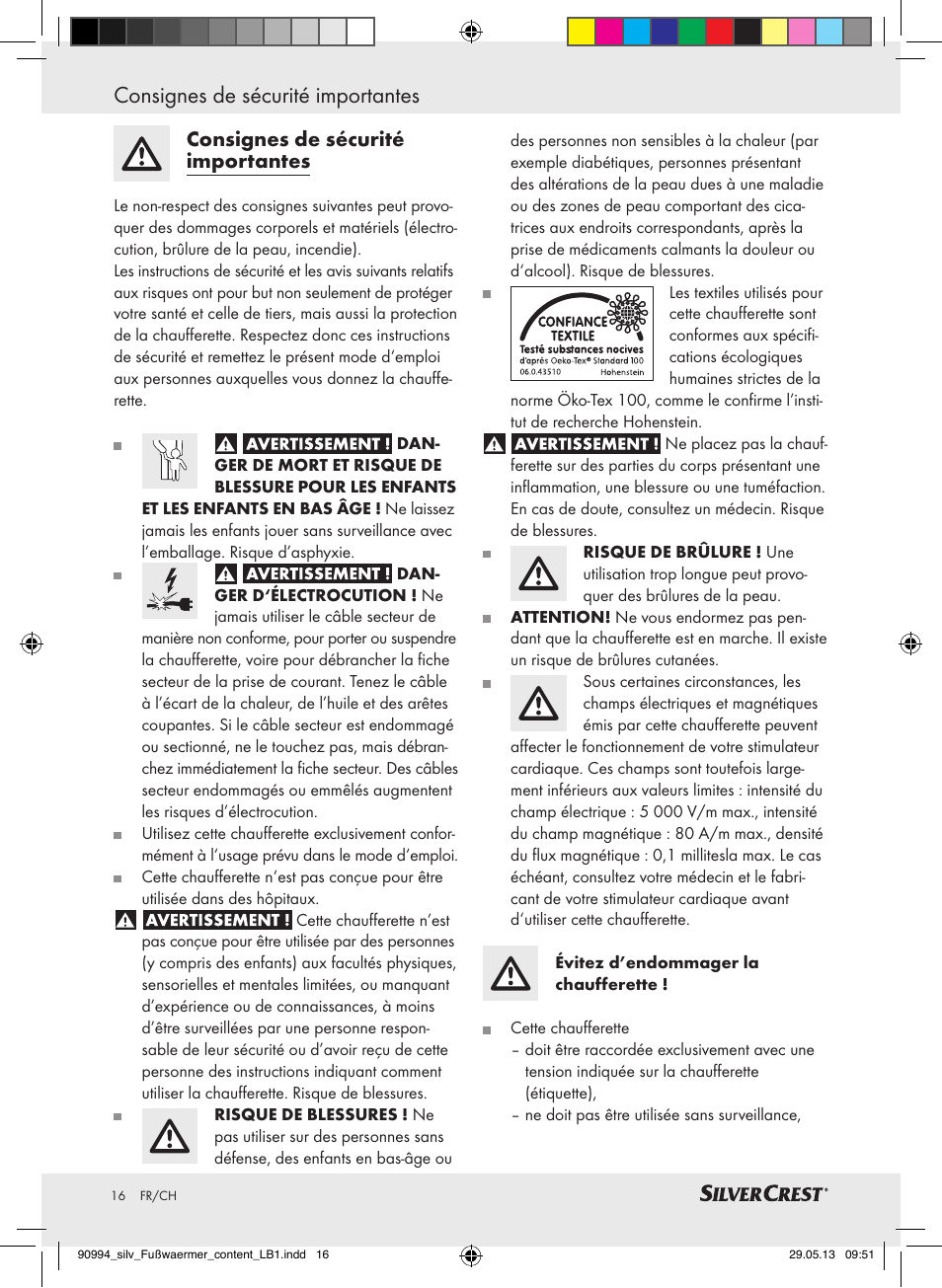 Consignes de sécurité importantes | Silvercrest SFW 100 B2 User Manual | Page 16 / 45