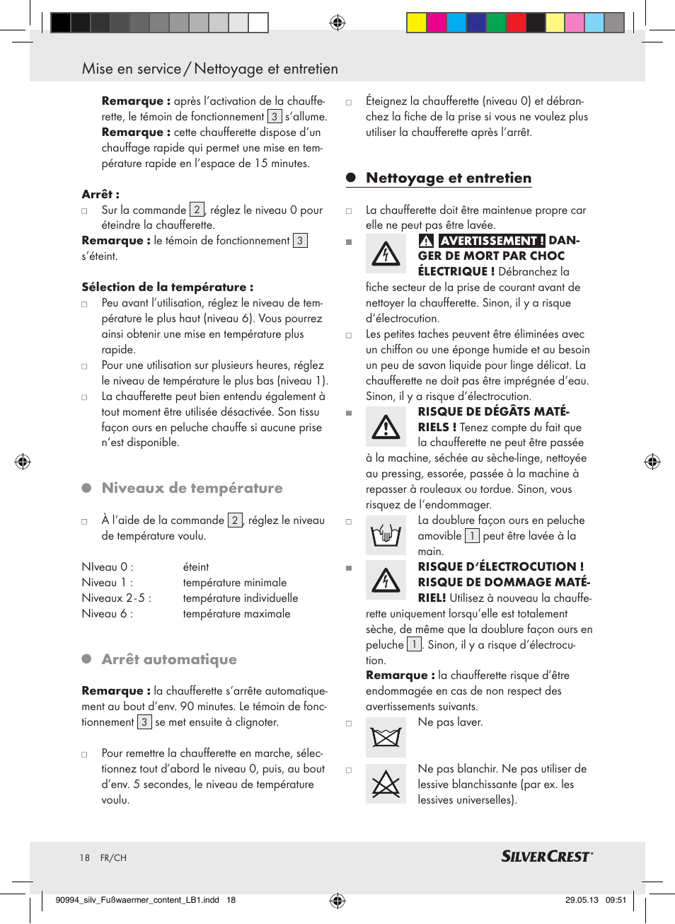 Mise en service / nettoyage et entretien, Niveaux de température, Arrêt automatique | Nettoyage et entretien | Silvercrest SFW 100 B2 User Manual | Page 18 / 45