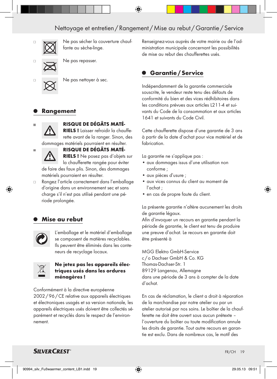 Rangement, Mise au rebut, Garantie / service | Silvercrest SFW 100 B2 User Manual | Page 19 / 45