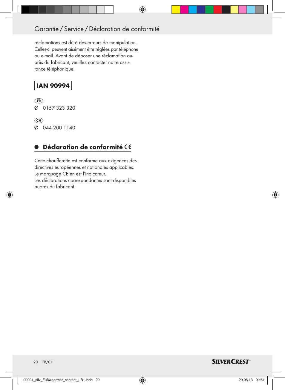 Garantie / service / déclaration de conformité, Déclaration de conformité | Silvercrest SFW 100 B2 User Manual | Page 20 / 45