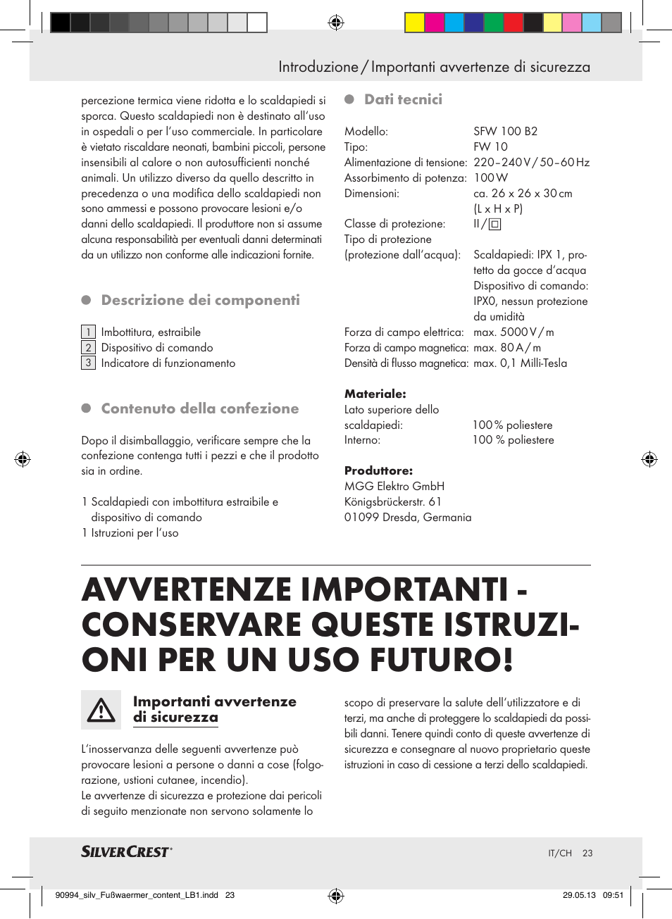 Introduzione / importanti avvertenze di sicurezza | Silvercrest SFW 100 B2 User Manual | Page 23 / 45