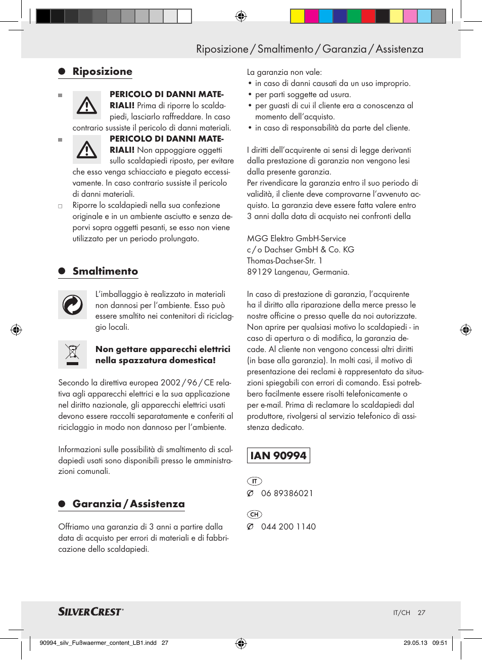 Riposizione / smaltimento / garanzia / assistenza, Riposizione, Smaltimento | Garanzia / assistenza | Silvercrest SFW 100 B2 User Manual | Page 27 / 45