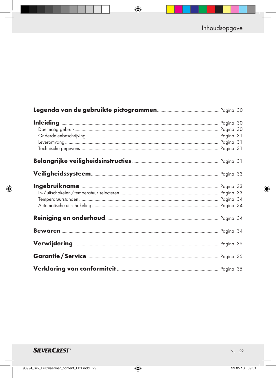 Inhoudsopgave | Silvercrest SFW 100 B2 User Manual | Page 29 / 45