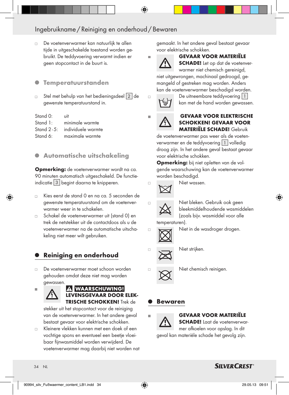 Ingebruikname / reiniging en onderhoud / bewaren, Temperatuurstanden, Automatische uitschakeling | Reiniging en onderhoud, Bewaren | Silvercrest SFW 100 B2 User Manual | Page 34 / 45