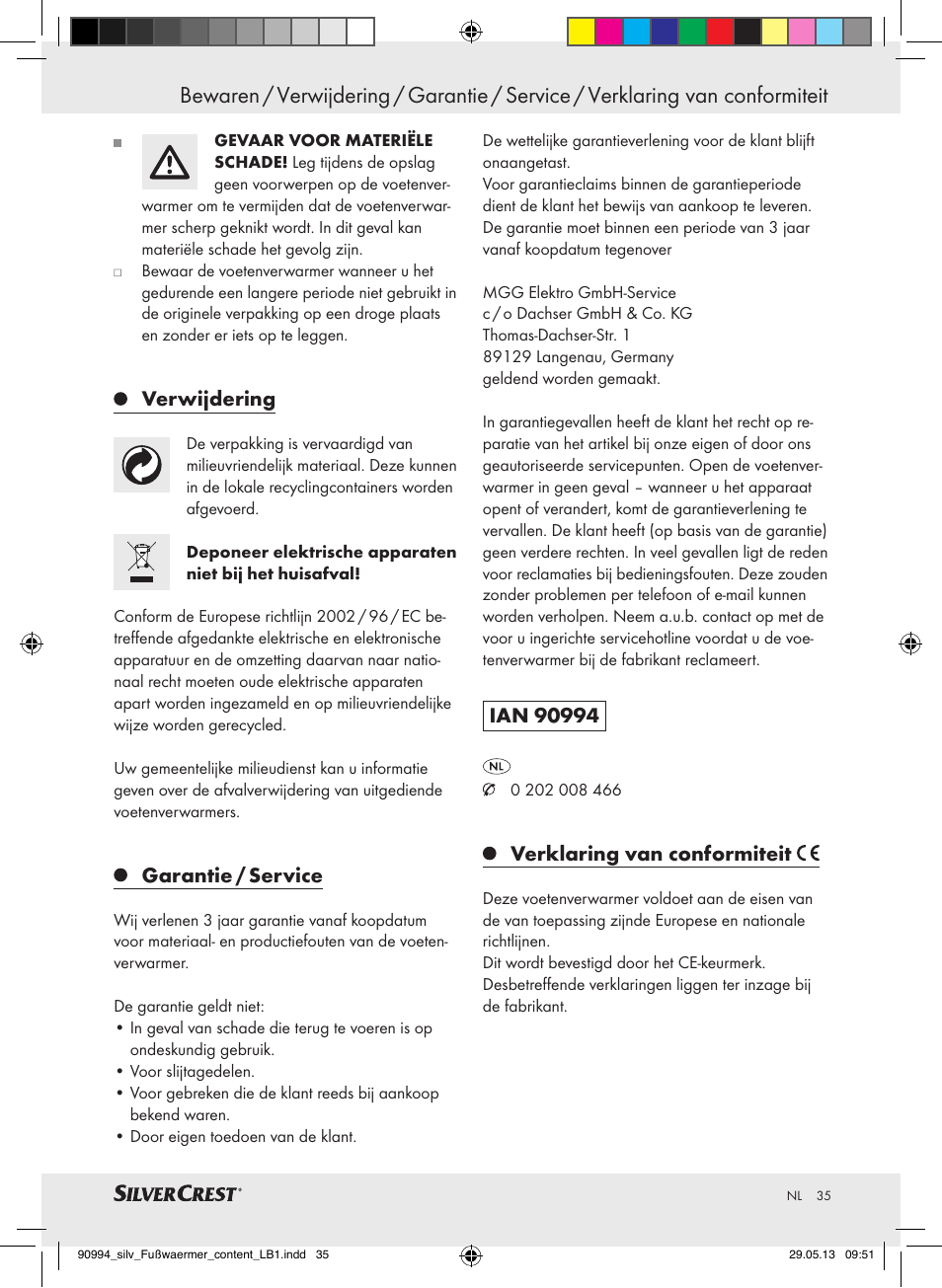 Verwijdering, Garantie / service, Verklaring van conformiteit | Silvercrest SFW 100 B2 User Manual | Page 35 / 45