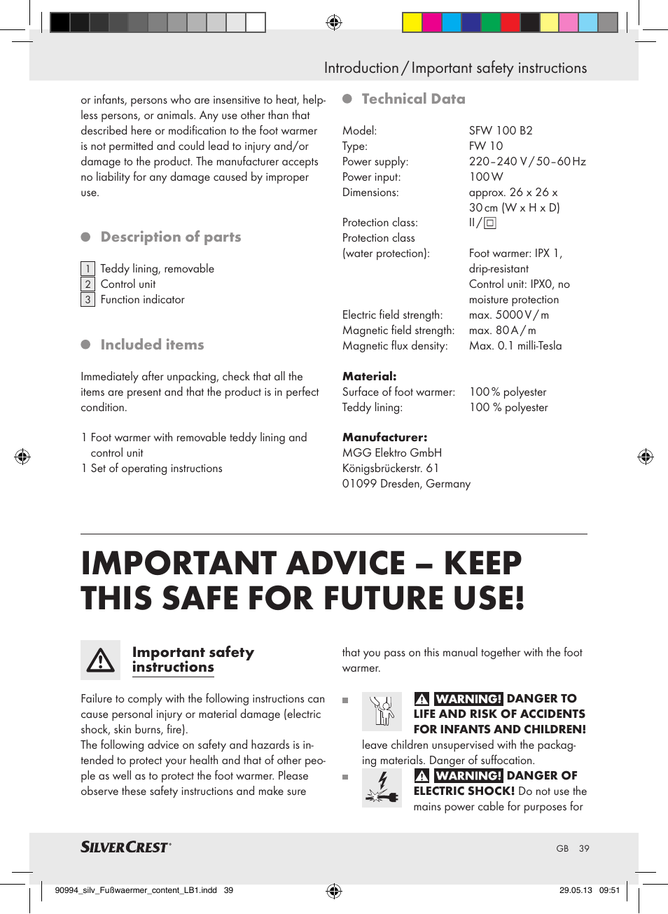 Important advice – keep this safe for future use, Introduction / important safety instructions | Silvercrest SFW 100 B2 User Manual | Page 39 / 45