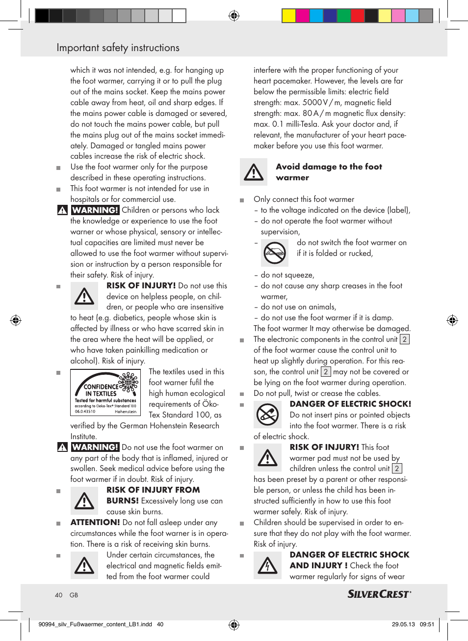 Important safety instructions | Silvercrest SFW 100 B2 User Manual | Page 40 / 45