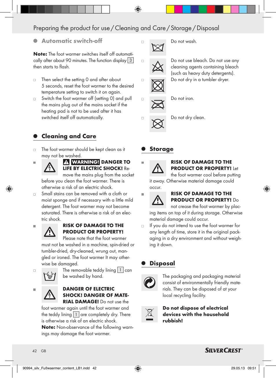 Automatic switch-off, Cleaning and care, Storage | Disposal | Silvercrest SFW 100 B2 User Manual | Page 42 / 45
