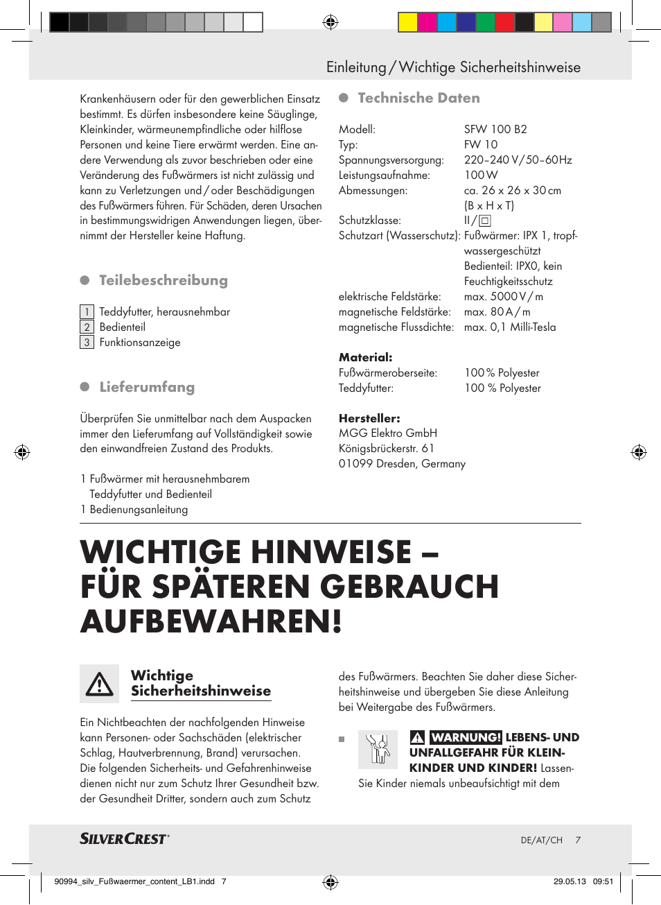 Einleitung / wichtige sicherheitshinweise | Silvercrest SFW 100 B2 User Manual | Page 7 / 45
