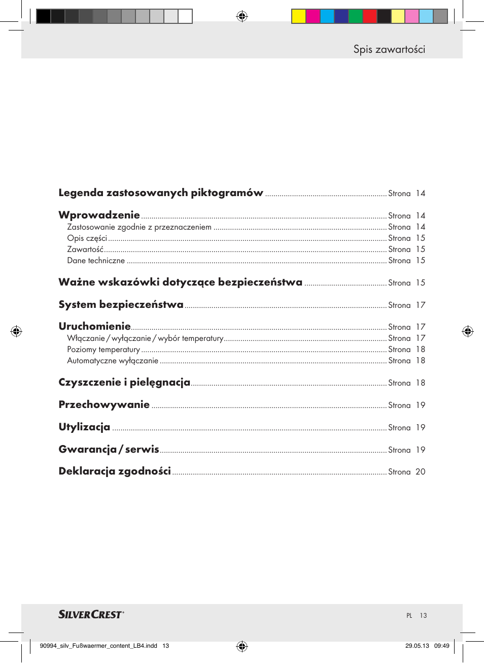 Spis zawartości | Silvercrest SFW 100 B2 User Manual | Page 13 / 61
