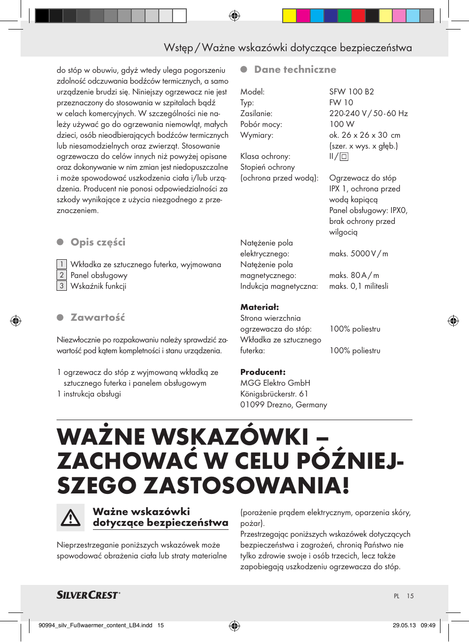 Wstęp / ważne wskazówki dotyczące bezpieczeństwa | Silvercrest SFW 100 B2 User Manual | Page 15 / 61