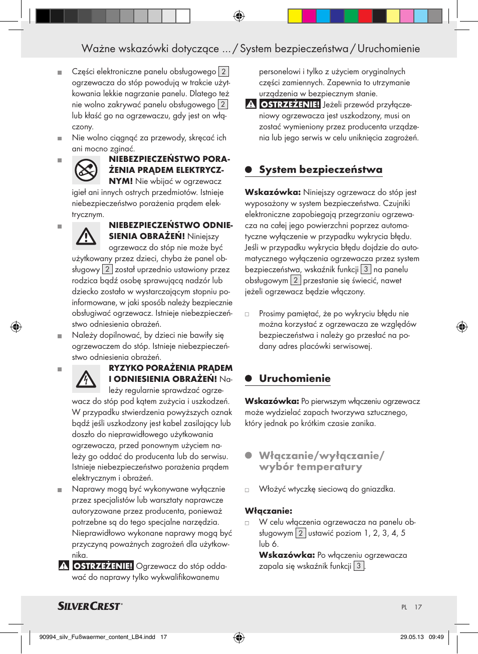 System bezpieczeństwa, Uruchomienie, Włączanie/wyłączanie/ wybór temperatury | Silvercrest SFW 100 B2 User Manual | Page 17 / 61