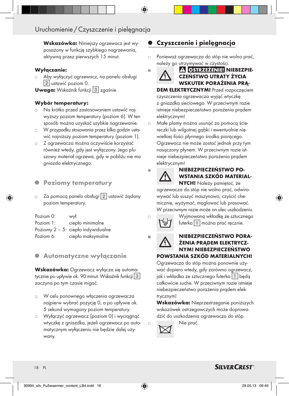 Uruchomienie / czyszczenie i pielęgnacja, Poziomy temperatury, Automatyczne wyłączanie | Czyszczenie i pielęgnacja | Silvercrest SFW 100 B2 User Manual | Page 18 / 61