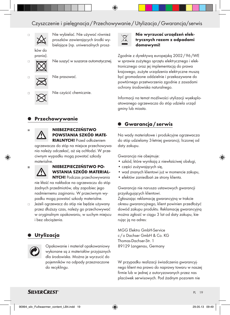 Przechowywanie, Utylizacja, Gwarancja / serwis | Silvercrest SFW 100 B2 User Manual | Page 19 / 61