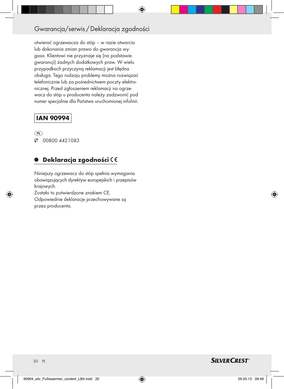 Gwarancja/serwis / deklaracja zgodności, Deklaracja zgodności | Silvercrest SFW 100 B2 User Manual | Page 20 / 61