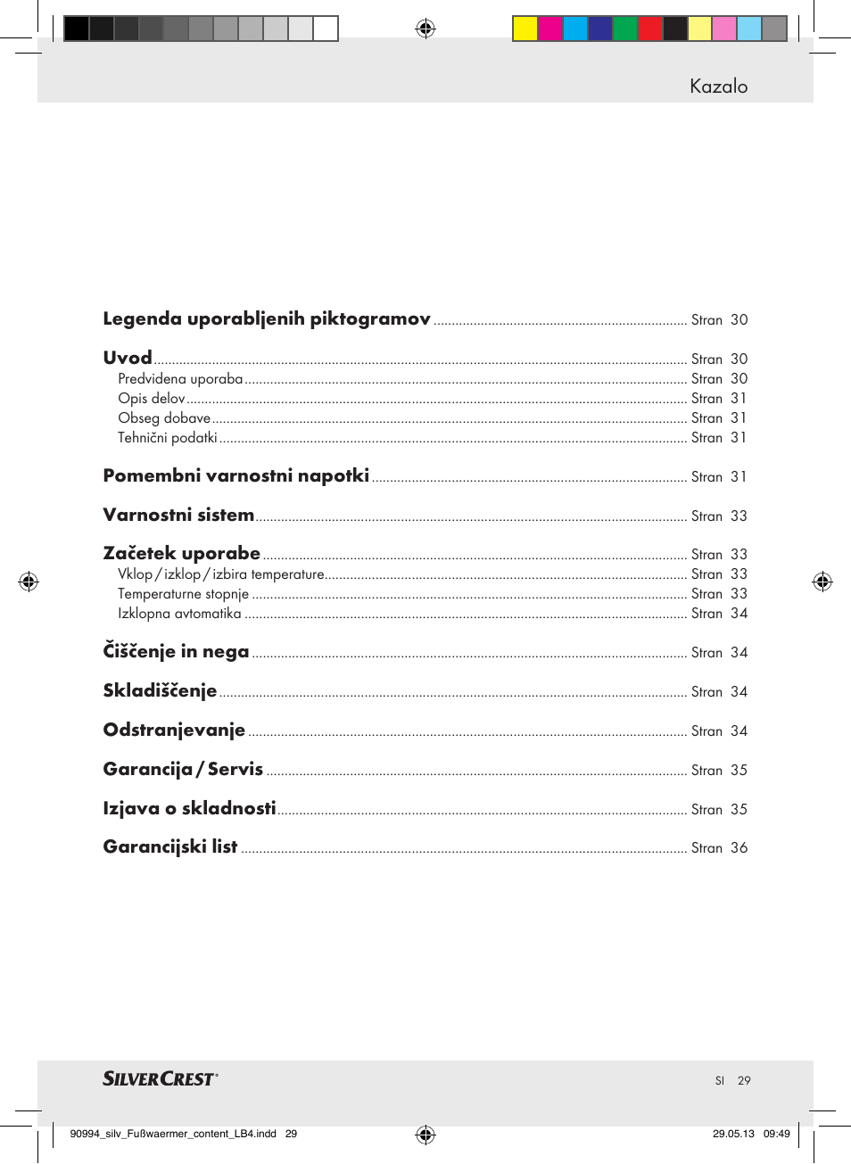 Kazalo | Silvercrest SFW 100 B2 User Manual | Page 29 / 61