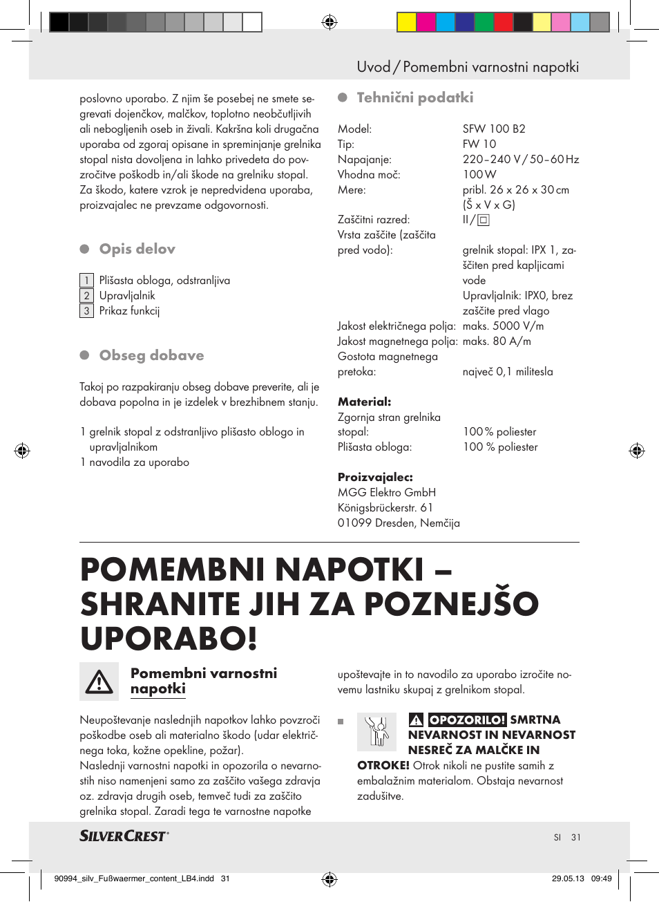 Uvod / pomembni varnostni napotki | Silvercrest SFW 100 B2 User Manual | Page 31 / 61