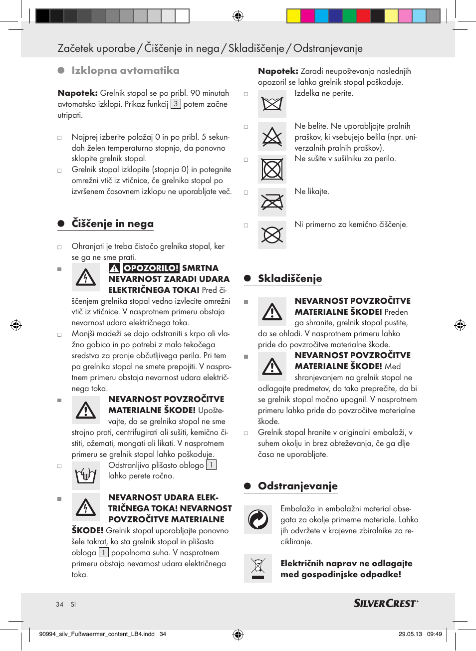 Izklopna avtomatika, Čiščenje in nega, Skladiščenje | Odstranjevanje | Silvercrest SFW 100 B2 User Manual | Page 34 / 61