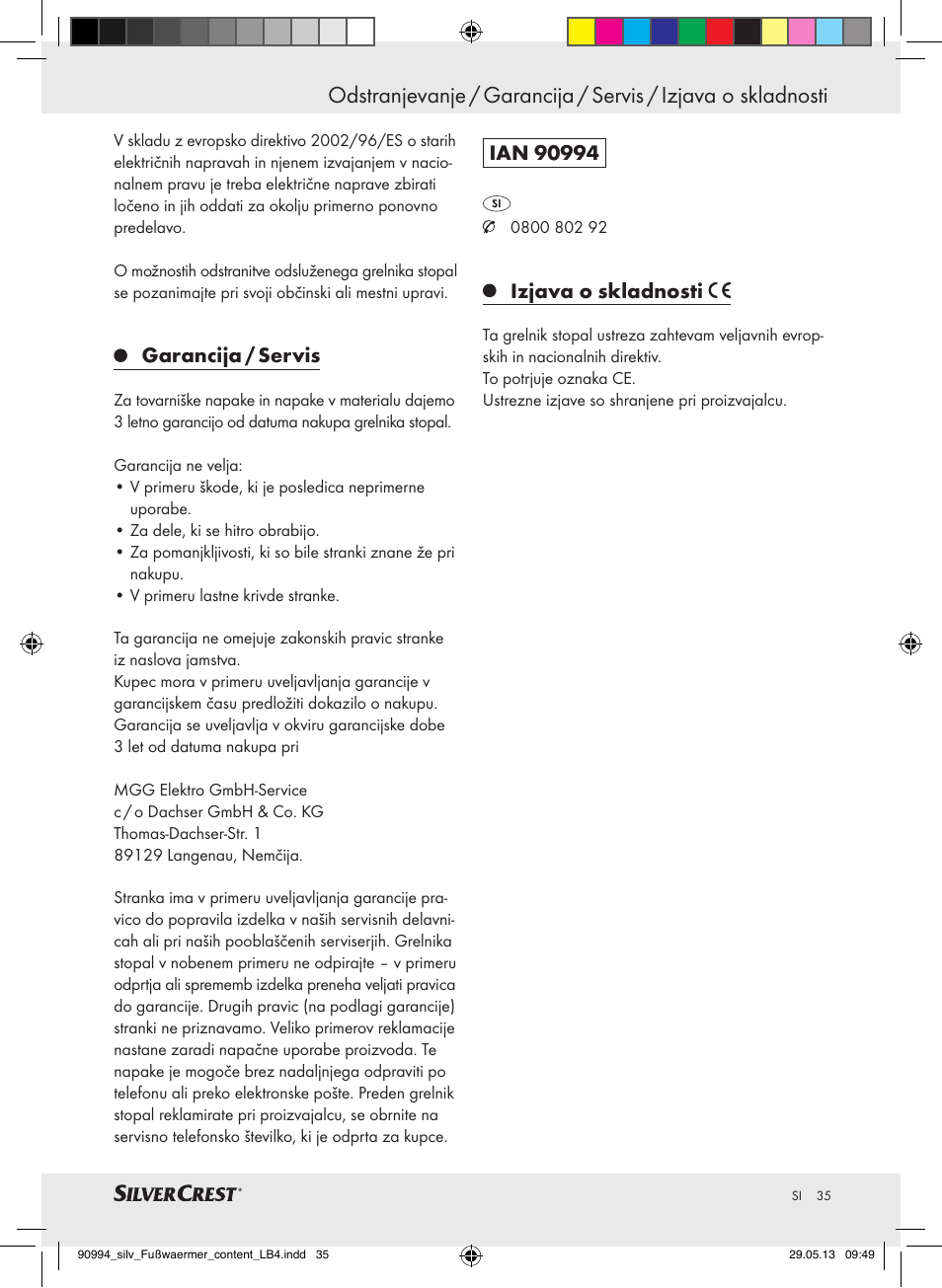 Garancija / servis, Izjava o skladnosti | Silvercrest SFW 100 B2 User Manual | Page 35 / 61