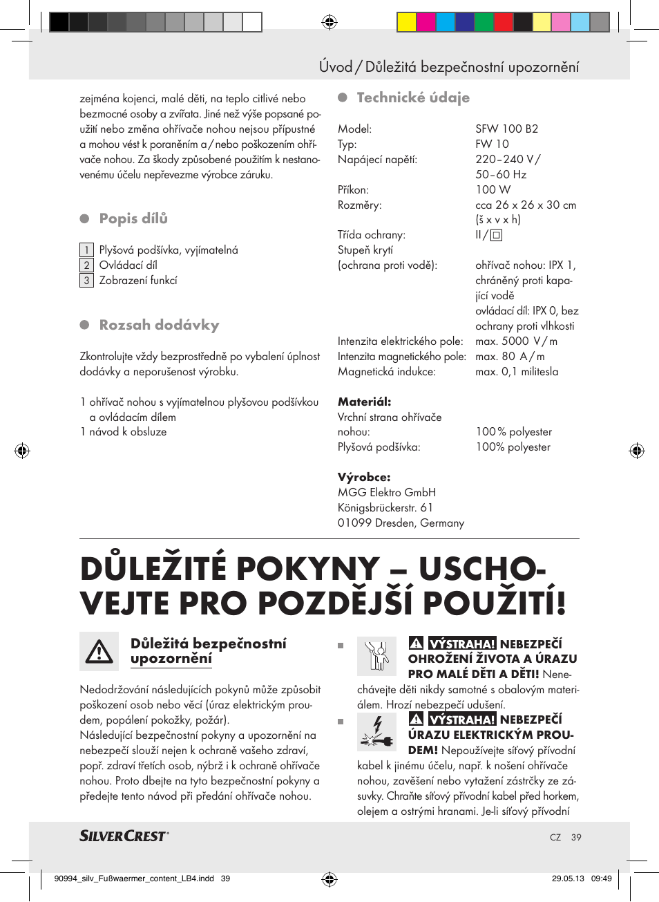 Úvod / důležitá bezpečnostní upozornění | Silvercrest SFW 100 B2 User Manual | Page 39 / 61
