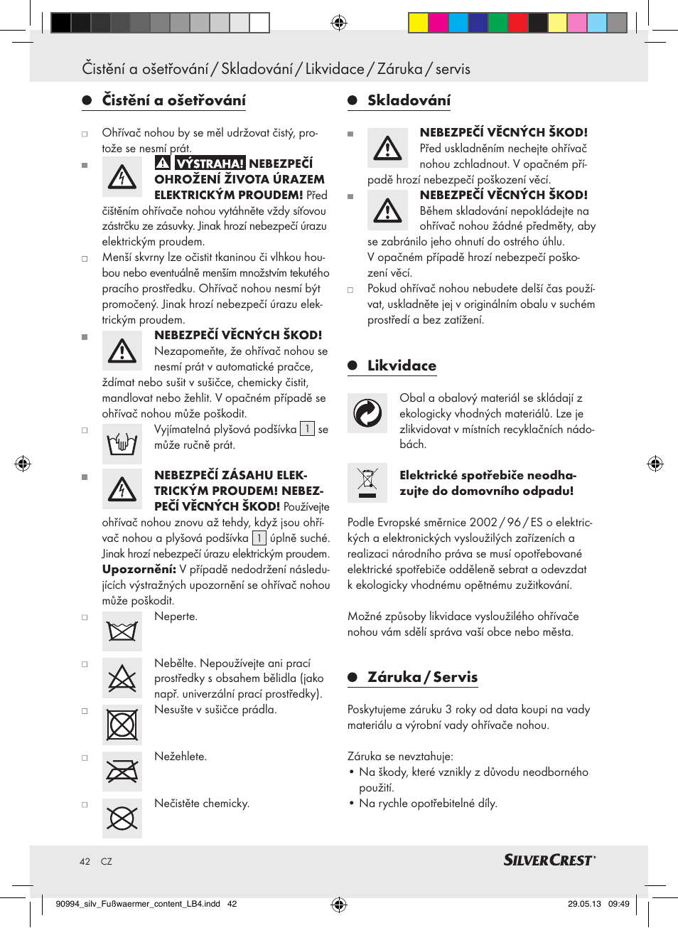 Čistění a ošetřování, Skladování, Likvidace | Záruka / servis | Silvercrest SFW 100 B2 User Manual | Page 42 / 61