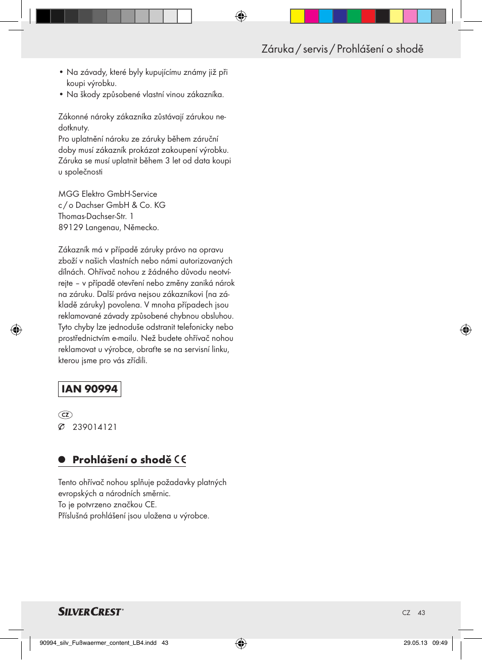 Záruka / servis / prohlášení o shodě, Prohlášení o shodě | Silvercrest SFW 100 B2 User Manual | Page 43 / 61