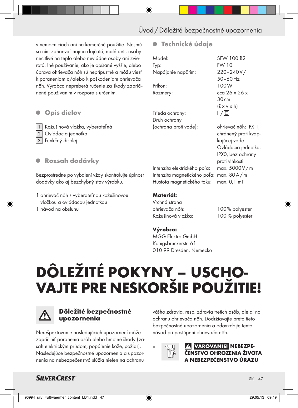 Úvod / dôležité bezpečnostné upozornenia | Silvercrest SFW 100 B2 User Manual | Page 47 / 61