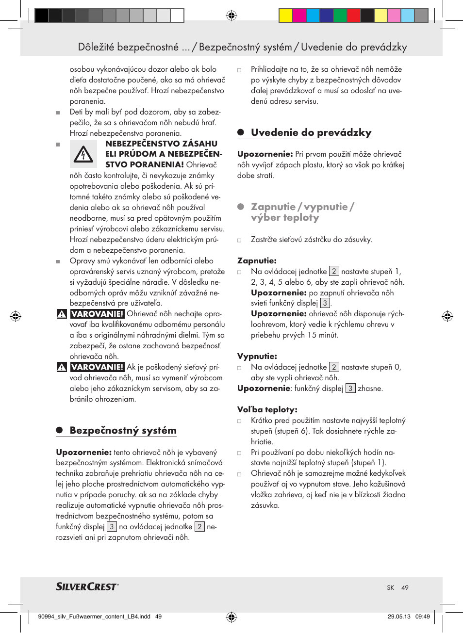 Bezpečnostný systém, Uvedenie do prevádzky, Zapnutie / vypnutie / výber teploty | Silvercrest SFW 100 B2 User Manual | Page 49 / 61