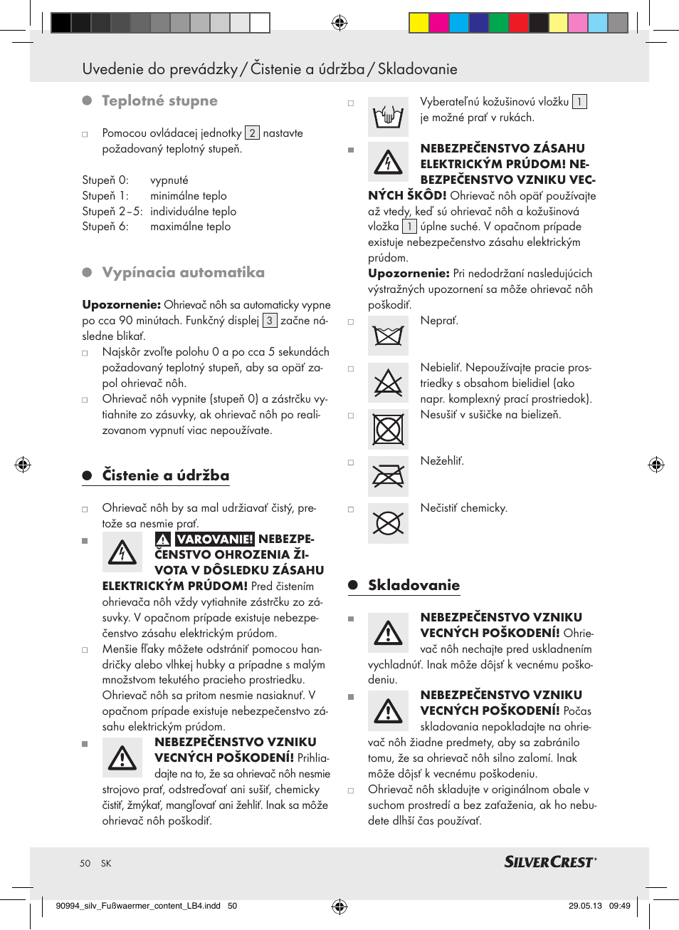 Teplotné stupne, Vypínacia automatika, Čistenie a údržba | Skladovanie | Silvercrest SFW 100 B2 User Manual | Page 50 / 61