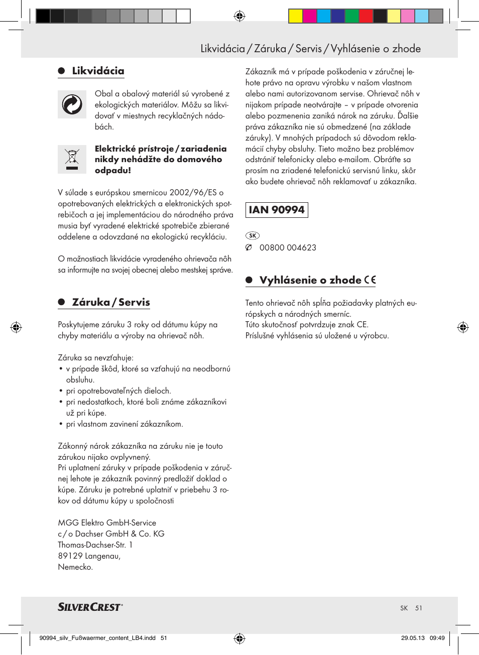 Likvidácia / záruka / servis / vyhlásenie o zhode, Likvidácia, Záruka / servis | Vyhlásenie o zhode | Silvercrest SFW 100 B2 User Manual | Page 51 / 61