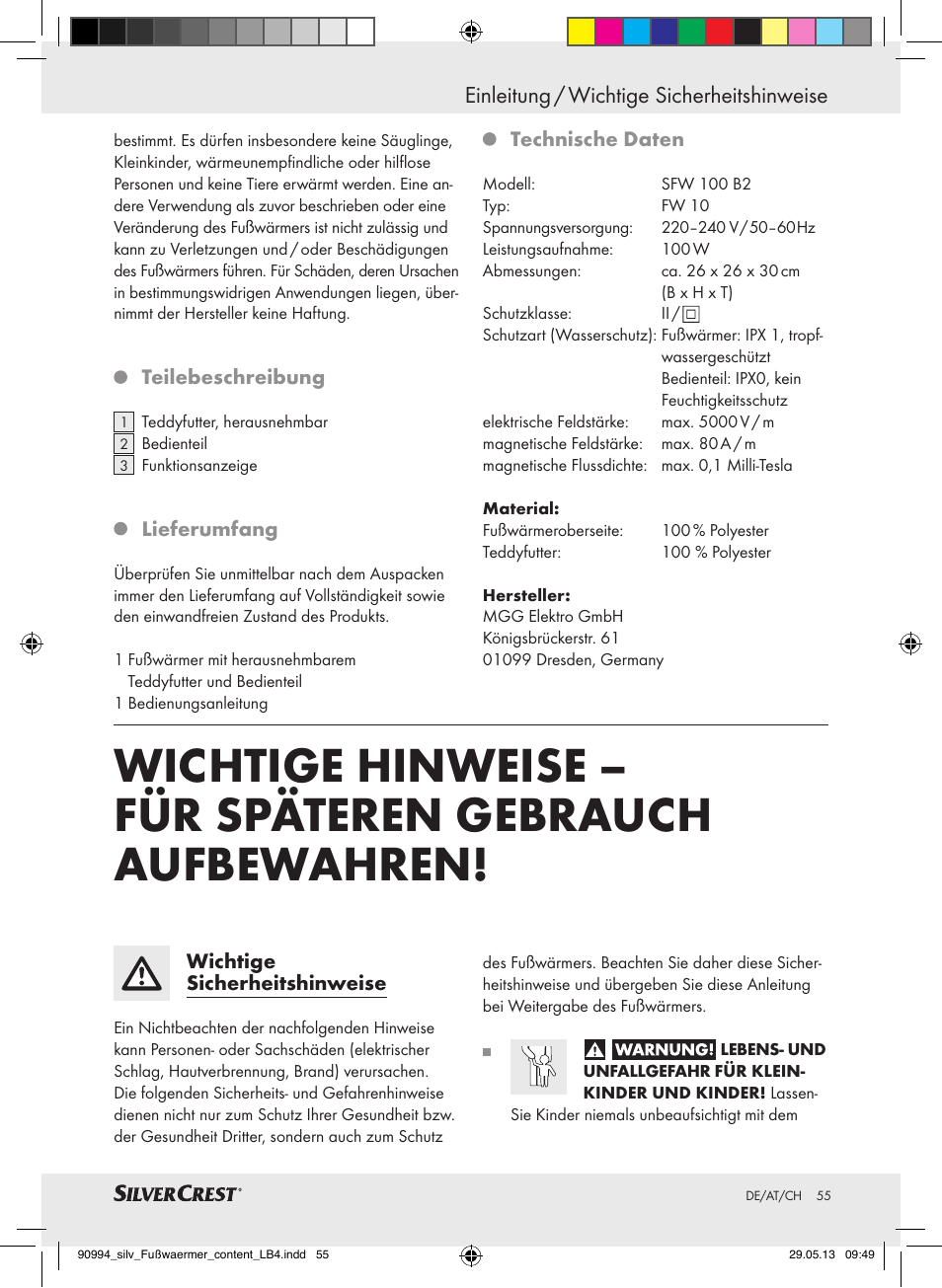 Einleitung / wichtige sicherheitshinweise | Silvercrest SFW 100 B2 User Manual | Page 55 / 61