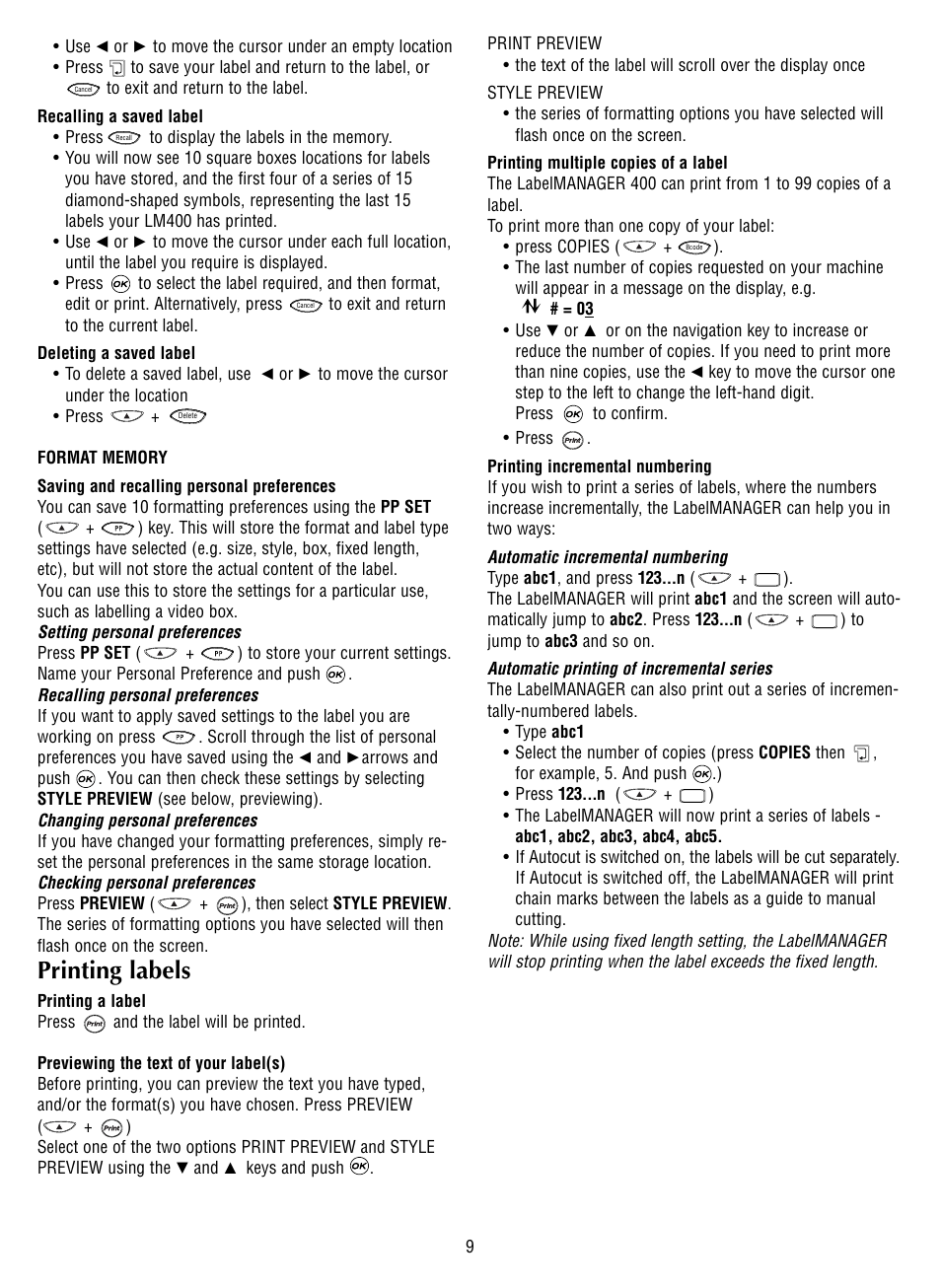 Jl l, Printing labels | Dymo 400 User Manual | Page 11 / 13