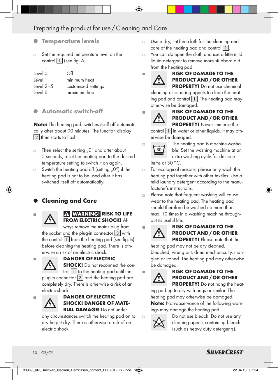 Preparing the product for use / cleaning and care, Temperature levels, Automatic switch-off | Cleaning and care | Silvercrest SRNH 100 B2 User Manual | Page 10 / 21