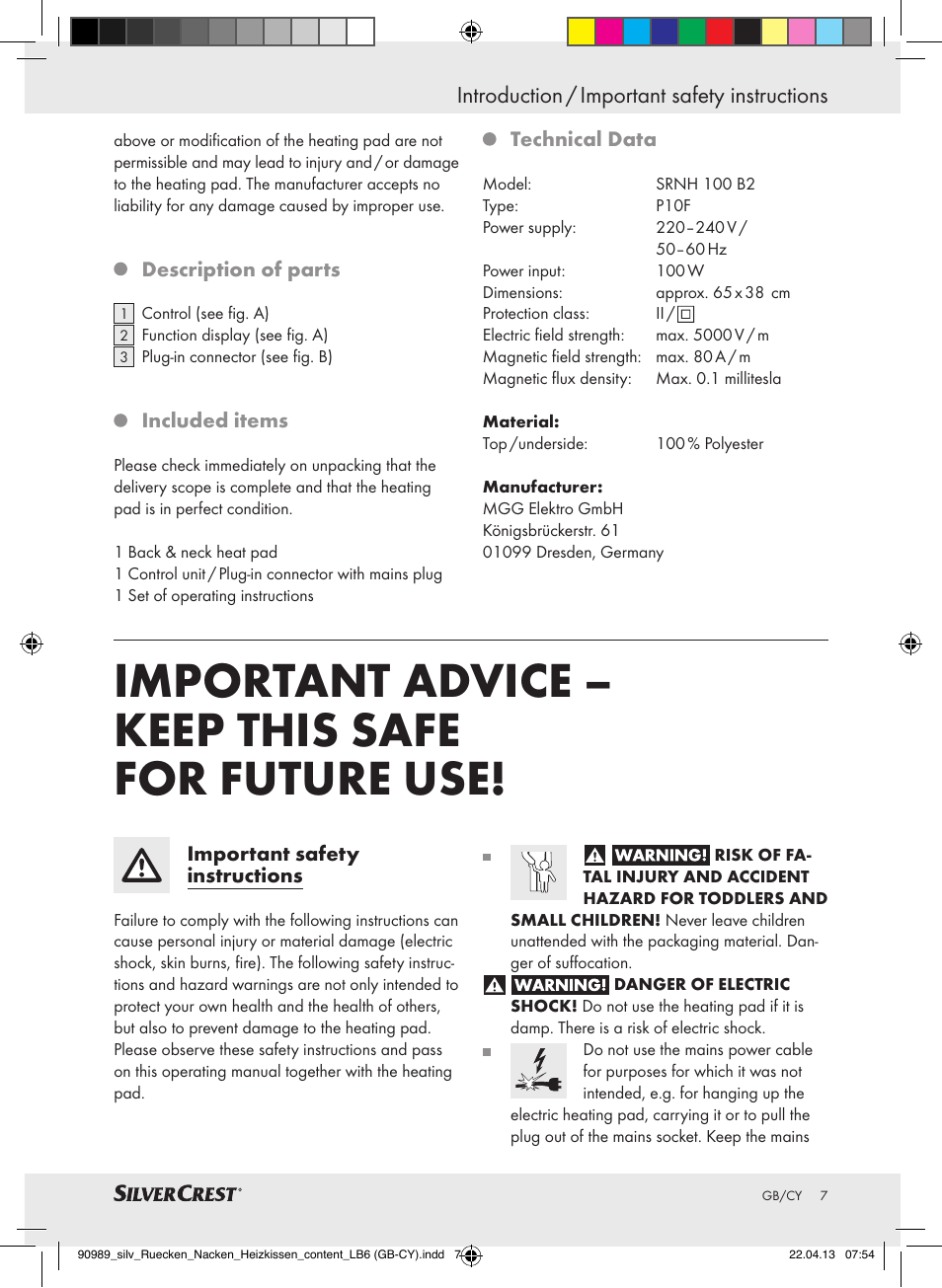 Important advice – keep this safe for future use, Introduction / important safety instructions | Silvercrest SRNH 100 B2 User Manual | Page 7 / 21