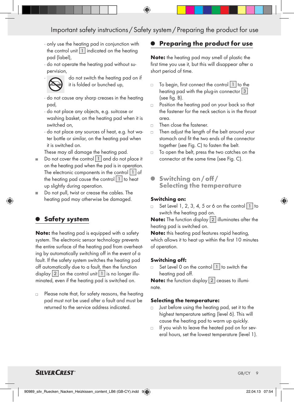 Safety system, Preparing the product for use, Switching on / off / selecting the temperature | Silvercrest SRNH 100 B2 User Manual | Page 9 / 21