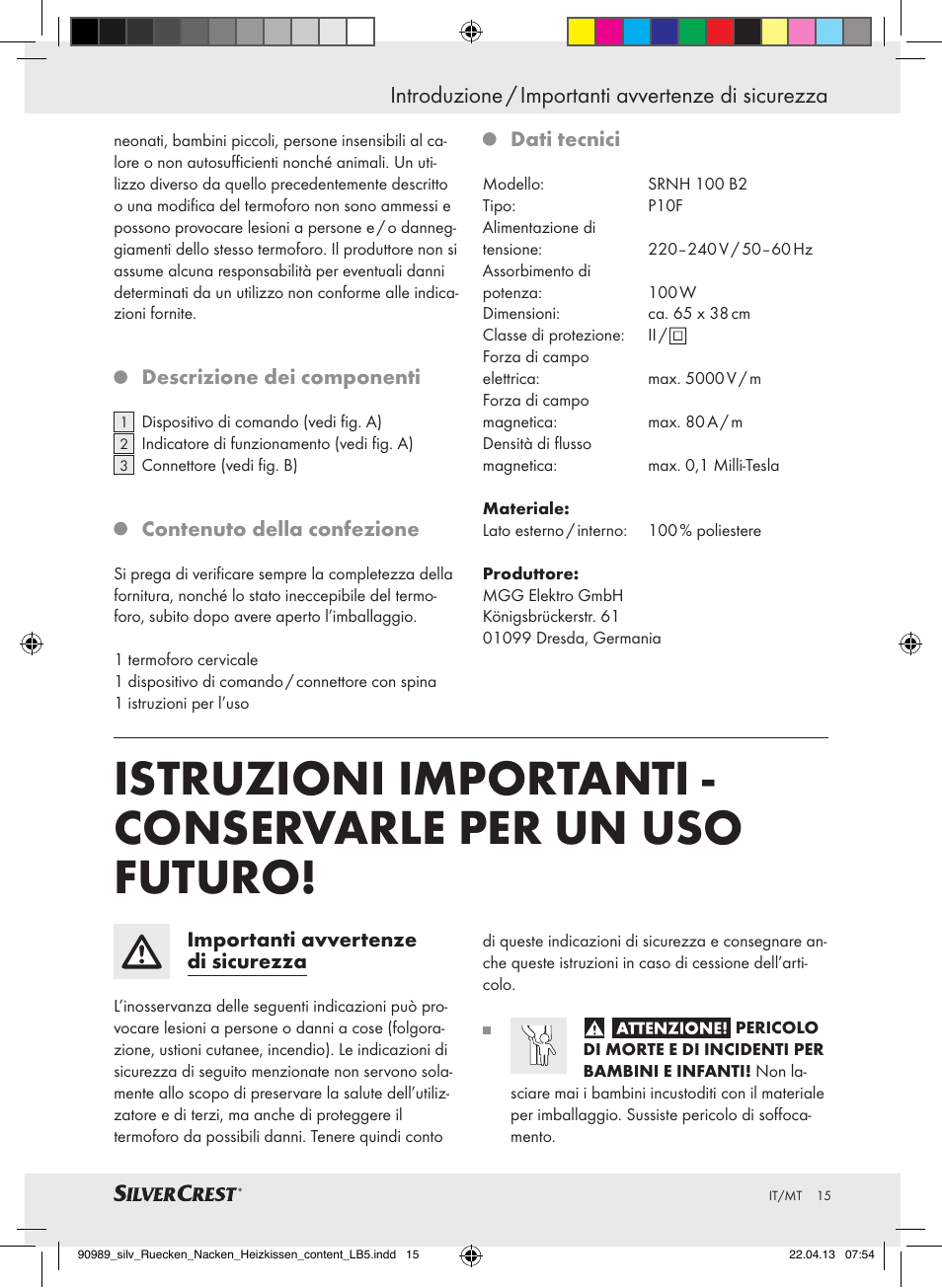 Introduzione / importanti avvertenze di sicurezza | Silvercrest SRNH 100 B2 User Manual | Page 15 / 45