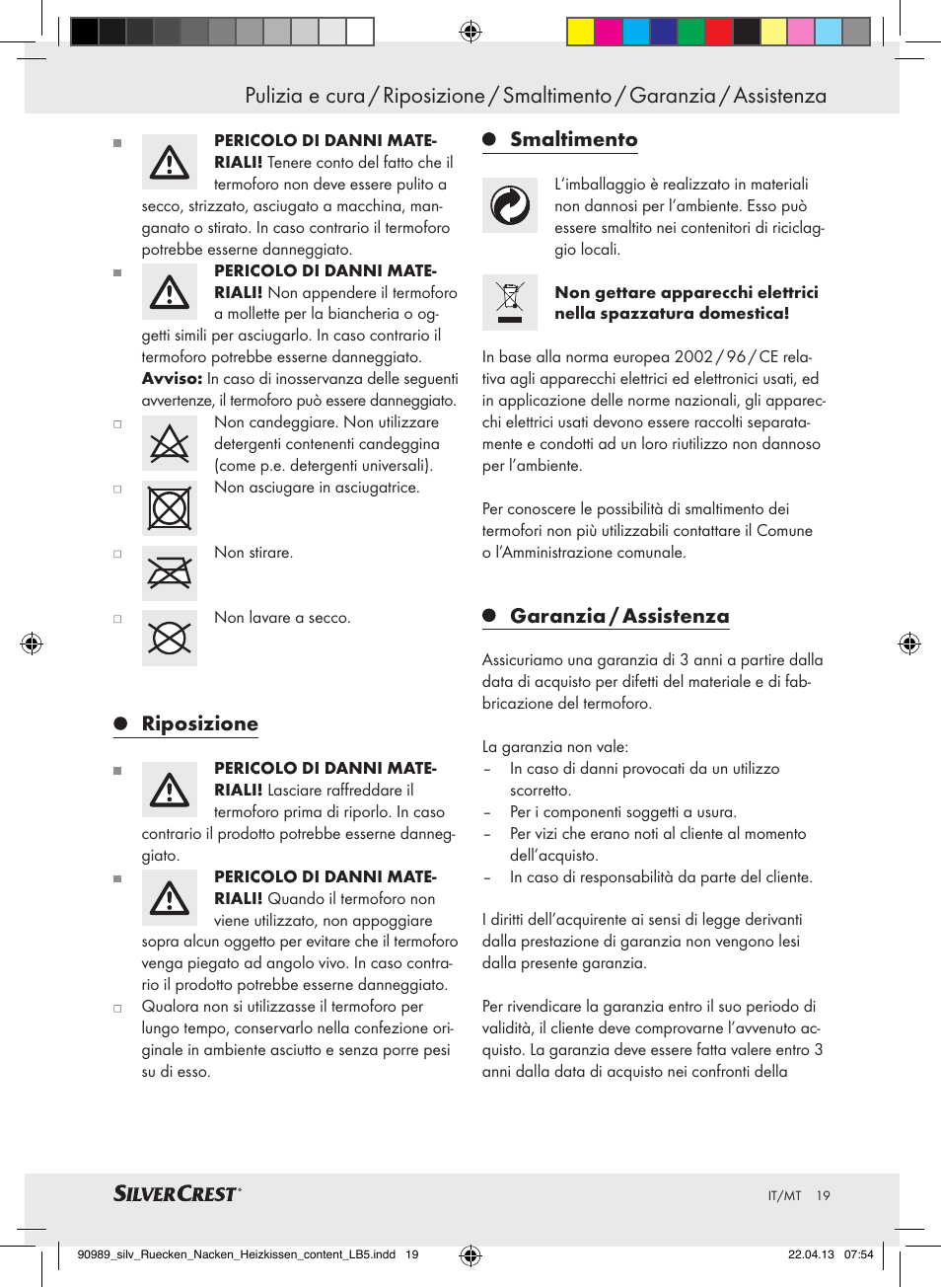 Riposizione, Smaltimento, Garanzia / assistenza | Silvercrest SRNH 100 B2 User Manual | Page 19 / 45