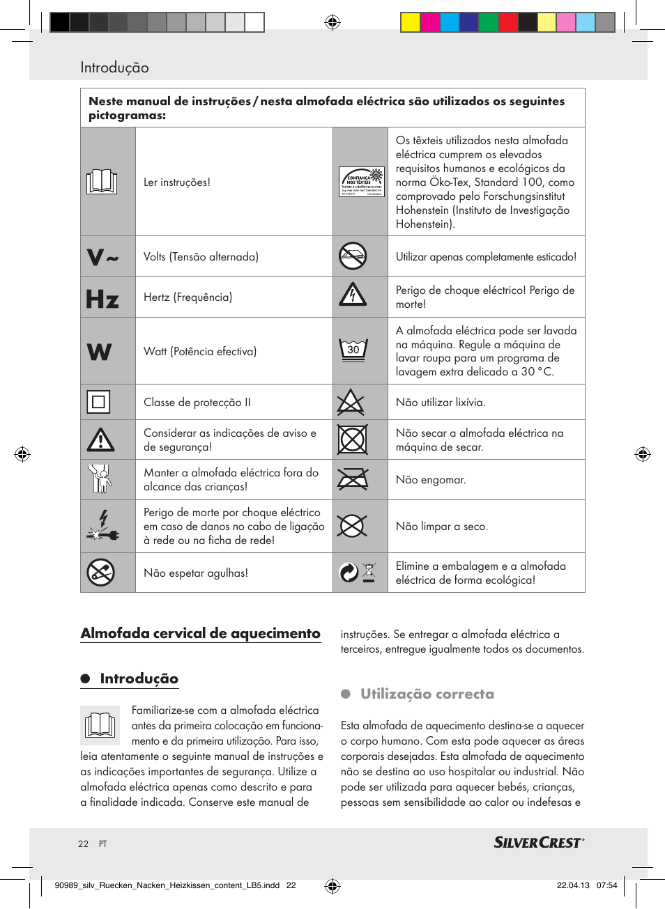 Introdução, Almofada cervical de aquecimento introdução, Utilização correcta | Silvercrest SRNH 100 B2 User Manual | Page 22 / 45