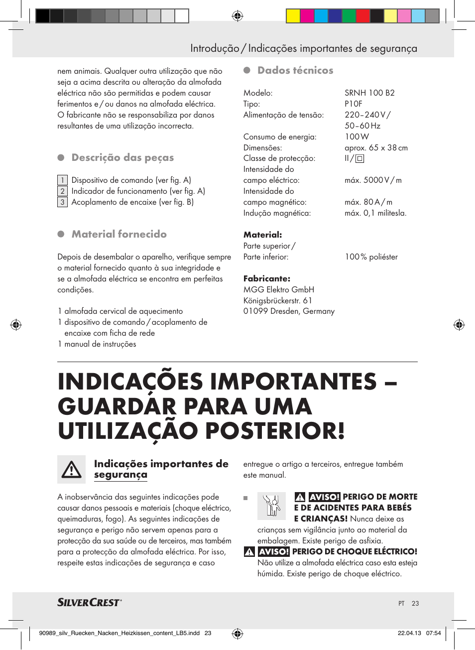 Introdução / indicações importantes de segurança | Silvercrest SRNH 100 B2 User Manual | Page 23 / 45